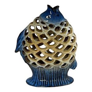 Ceramic Open Mouth Fish Vase Pottery Incense Holder Pottery Cobalt Blue Drip 9"